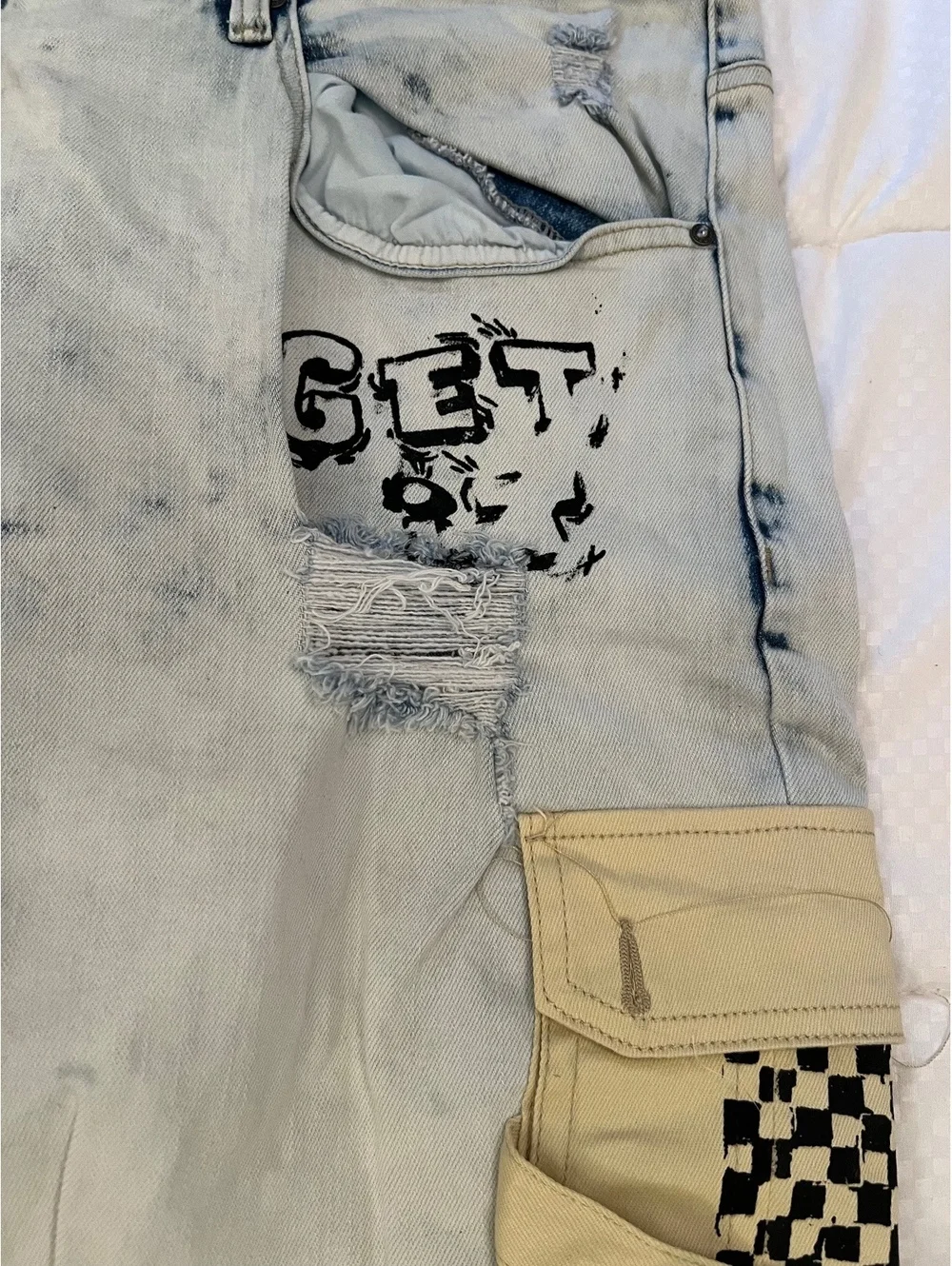 NEW SMOKE RISES 48” x 32” Acid washed distressed graffiti pockets writing jeans